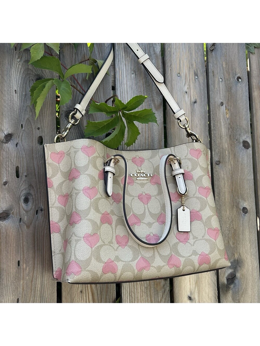 Coach Molie Tote 25 in Signature Canvas Monogram Heart Print Cream Brown Bag
